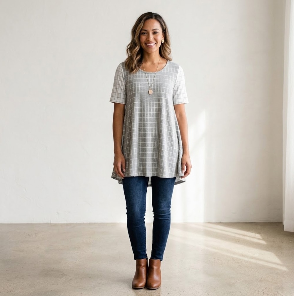 LuLaRoe Perfect T Gray Cream Windowpane Grid Tunic Top Size L NWT
